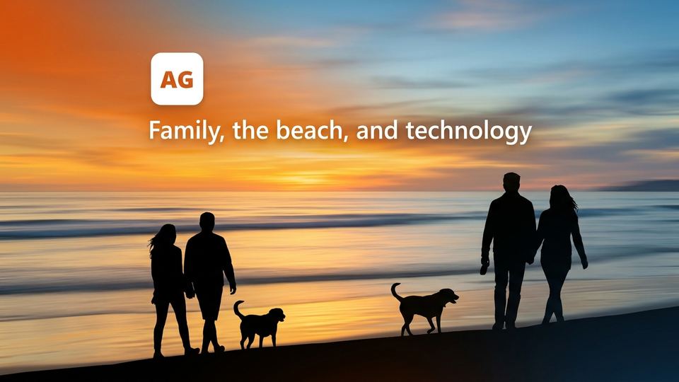 AbelGaxiola.com hero: silhouettes of a family and their dogs walking on the beach at sunset