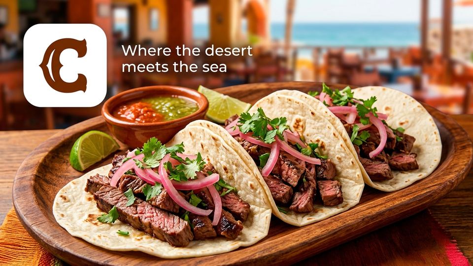 CompadresFood.com hero: carne asada tacos with cilantro, pickled onion, salsa and lime on a wooden platter by the sea