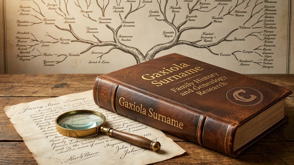 Gaxiola.info hero: a leather-bound Gaxiola Surname family history book and magnifying glass in front of a hand-drawn family tree